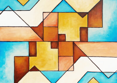 This painting uses precise geometric shapes and forms to create non-representational compositions.