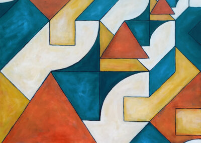 This painting uses precise geometric shapes and forms to create non-representational compositions.